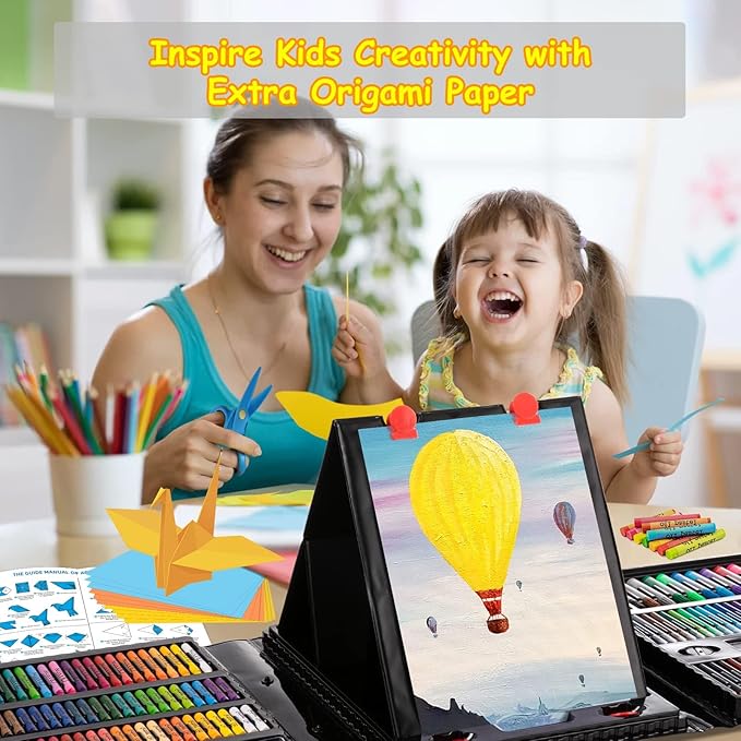 Art Supplies, 272 Pack Art Set Drawing Kit for Girls Boys Teens Artist, Deluxe Gift Art Box with Trifold Easel, Origami Paper, Coloring Book, Drawing Pad, Pastels, Crayons, Pencils, Watercolors(Black)