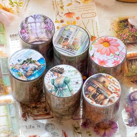 Vintage PET Tape Stickers, Flower Women Caffeine Canvas Cafe Window 6 Rolls Assorted Decorative Tape for Crafts, Journaling, Scrapbooking, Bujo DIY Supplies