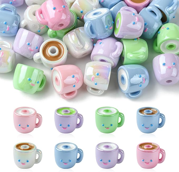 Ipotkitt 30 Pcs Colorful Opaque Acrylic Coffee Cup Beads Drink Tea Milk Mug Beads Cartoon Cute Cup Shaped Beads for Jewelry Making DIY Crafts Supplies