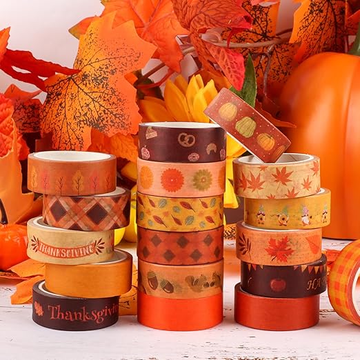 Fall Washi Tape Set 20 Rolls Autumn Washi Tape Autumn Thanksgiving Pumpkin Fall Leaves Decorative Tape for Seasonal Kids DIY Art Crafts Notebook Scrapbooking & Stamping Supplies