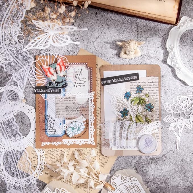 Diuhofart 60Pcs Large Scrapbook Embellishments Frame Lace Paper Cutout for Scrapbooking Supplies, White Vintage Decorative Paper for Junk Journaling, Wedding Album, Card Making, DIY Craft
