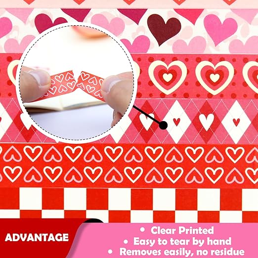 12 Rolls Love Heart Washi Tape Set, Pink Red Decorative Tape Valentine Stripe Dots Masking Tape for Journaling Supplies,Wedding Party,Junk Journal, Scrapbooking, Planner, DIY Arts & Crafts