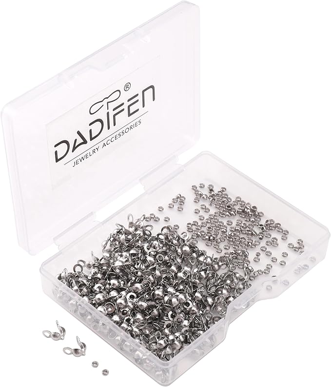 304 Stainless Steel Crimp Beads 2.0mm and End Caps 3.2x6.3mm Set 200pcs for Jewelry DIY Making and Repairing