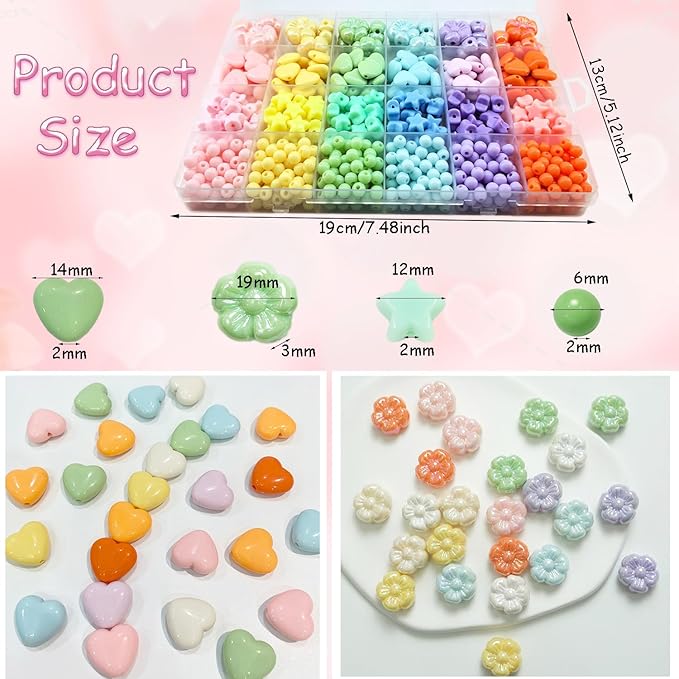 720Pcs Macaron Colors Assorted Beads for Jewelry Making, Acrylic Star Hart Flower Beads for Bracelets Making Round Pastel Beads Colorful Aesthetic Beads Bulk for Necklaces Phone Chains