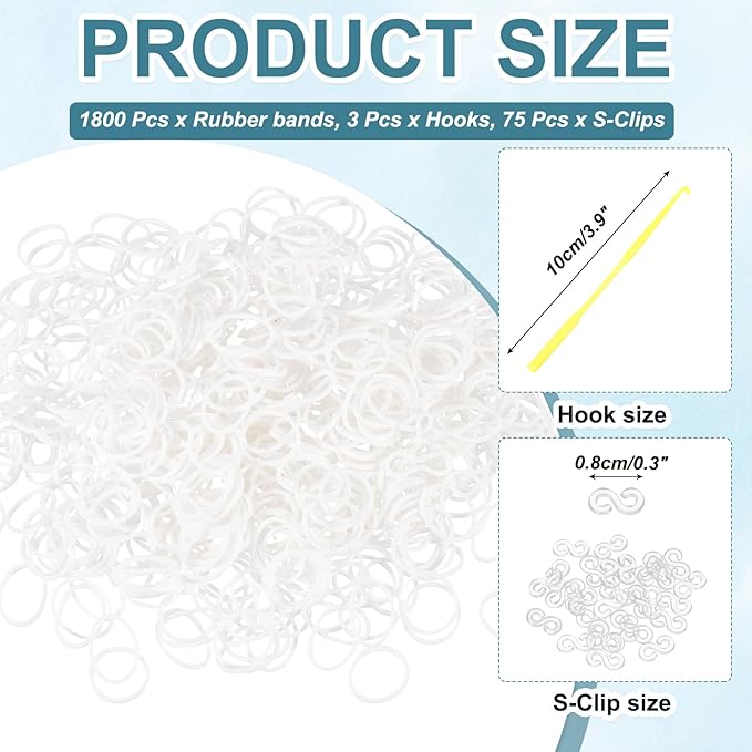 MECCANIXITY 1800 Pcs Loom Rubber Bands Kit with 75 Pcs S-Clips 3-Hooks Rubber Bands Refill Bracelet Making Kits for Weaving DIY Handcrafts Gift, White