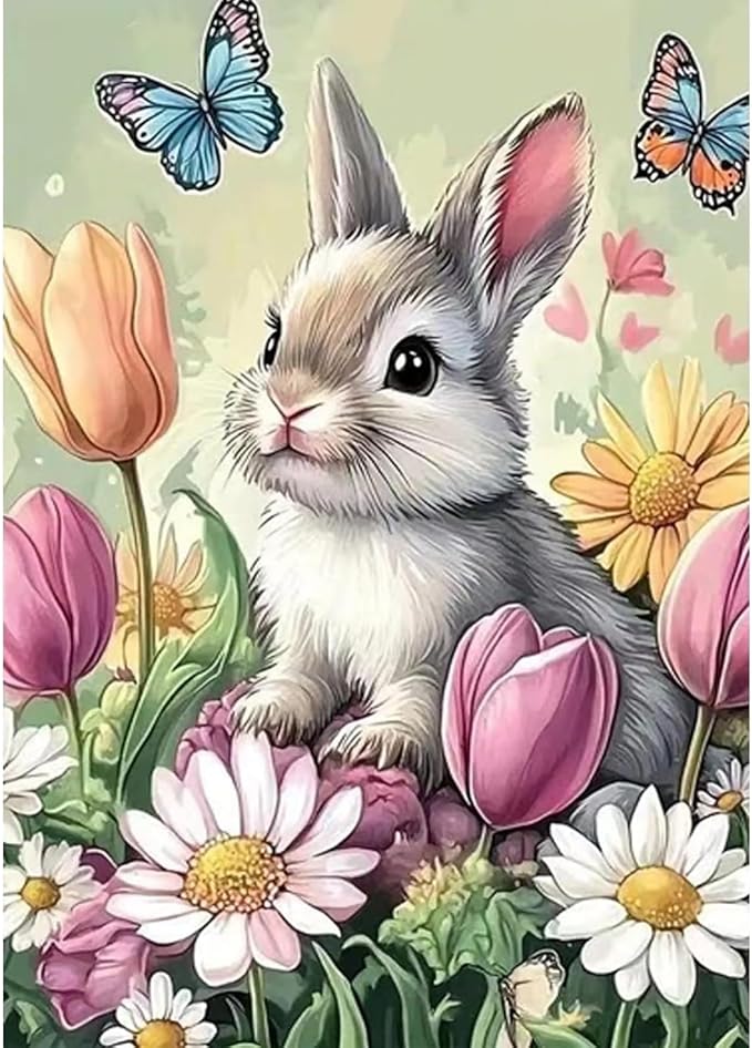 KTHOFCY 5D DIY Diamond Painting Kits for Adults, Rabbit Butterfly Flower Full Drill Embroidery Cross Stitch Crystal Rhinestone Paintings Pictures Arts Wall Decor Painting Dots Kits 11.8X15.7 inch