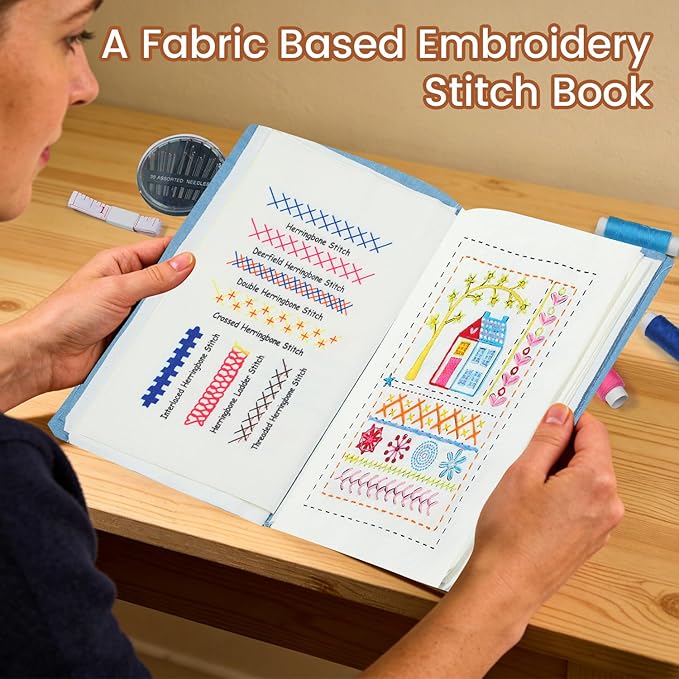 Drawnby Embroidery Stitch Book Kit, Large Size Stitch Book with Full Sewing Tools and Instructional Tutorial, Embroidery Kit for Beginners, Gift for Craft Lovers and Sew Enthusiast
