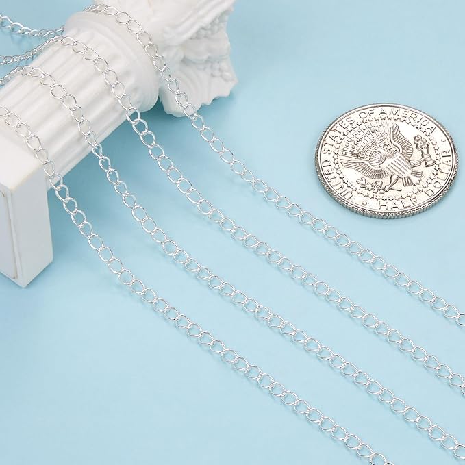 2 Rolls Total 65.6 Feet Silver Jewelry Chains Stainless Steel Necklace Bracelet Curb Chain Bulk for Jewelry Making DIY Craft with Lobster Clasps Jump Rings