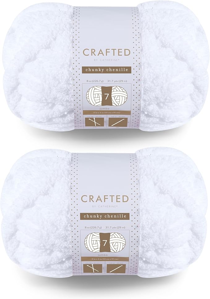 Crafted by Catherine Chunky Chenille Yarn - 2 Pack (8 oz / 227 g, 31.7 Yards Each Skein), White, Gauge 7 Jumbo