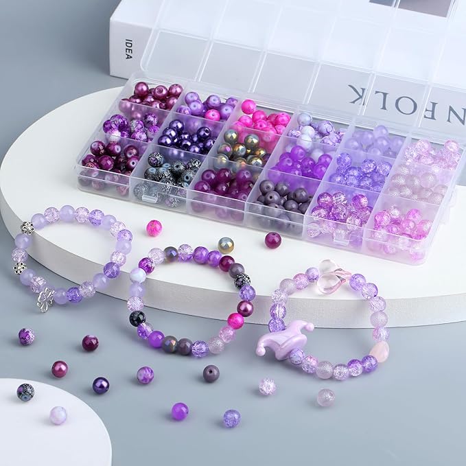 DUQGUHO 8mm Purple Beads for Jewelry Making Purple Glass Beads for Bracelets Crystal Glass Round Bead Bracelet Friendship Bead Kit 360PCS