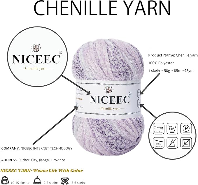 NICEEC 2 Skeins Soft Chenille Yarn Blanket Yarn for Knitting Fancy Yarn for Crochet Weaving DIY Craft Total Length 2×255m (2×279yds, 2×150g)_Foggy Purple