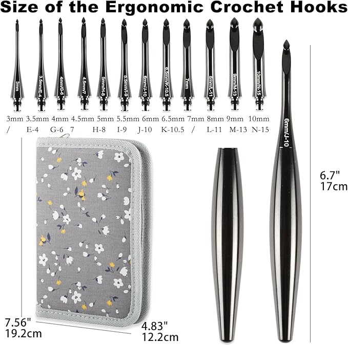 Svartur Interchangeable Crochet Hook Set with 12 Hooks – Ergonomic Crochet Hooks Large Handle, US Sizes E-4 to N-15 (3mm–10mm), Smooth & Lightweight, Crochet Kit with Storage Case, Black