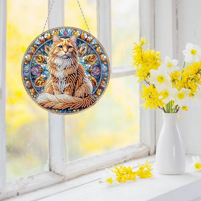 Generic DIY Hanging Diamond Pendant Special Shaped Crystal Diamond Art Painting Ornament Single Sided for Window Home Garden Wall Door Decor-Orange Cat