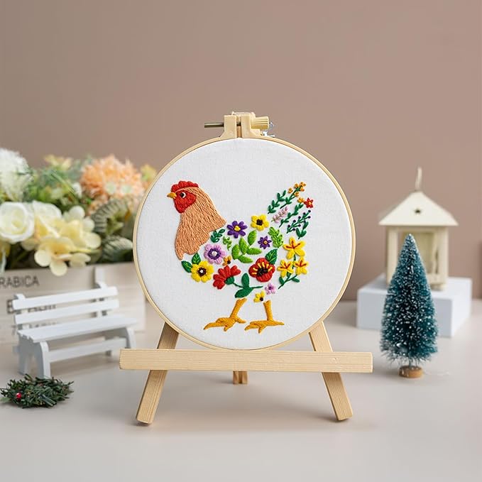 Louise Maelys Funny Animal Embroidery Kits for Beginners,Cross Stitch Kit for Adults,DIY Needlepoint with Hens and Flower Pattern