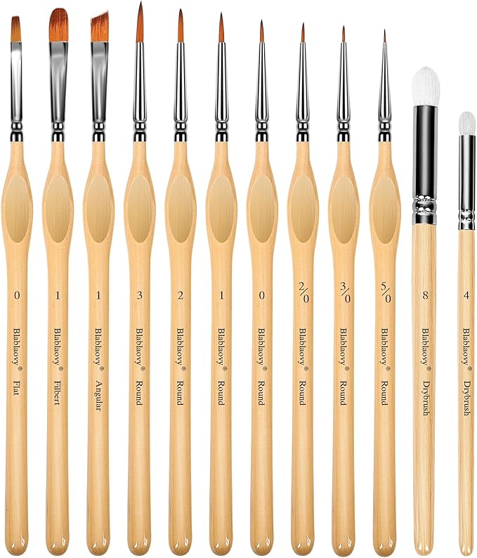 12pcs Miniature Paint Brushes Drybrush Set, Detail Paint Brushes for Acrylics, Watercolor, Figurines Model, Face Painting, Piant by Number Kit for Adults - Triangular Handles (Wooden)