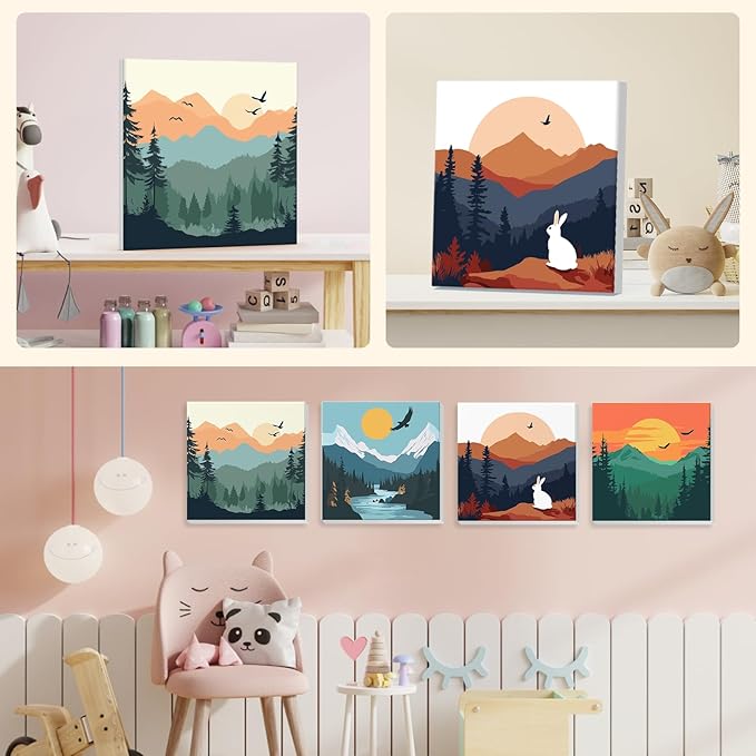 4 Pack Paint by Numbers for Adults with Wooden Framed, Nature Scenery, Sunset, Paint by Number Kits on Canvas for Beginner, DIY Acrylic Oil Painting Kits for Home Decor 8x8 inch, Mountain Landscape