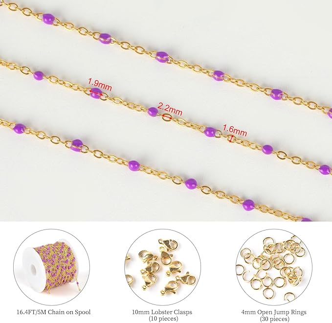 KYUNHOO 5 Meters Gold Stainless Steel Chains for Jewelry Making Purple Enamel Beaded Chain Roll with Lobster Clasps Jump Rings for Crafting Bracelet Choker DIY