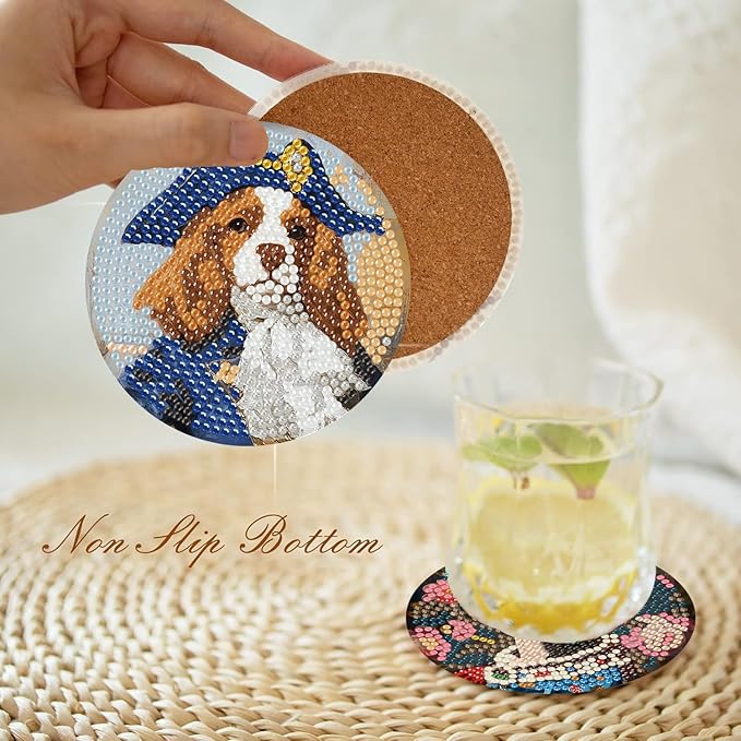 igoodom 8 Pcs Diamond Art Coasters Kit with Holder, DIY Funny Dog Diamond Painting Coasters for Beginners Adults, Non Slip Diamond Art Kits Craft Supplies 4x4inch
