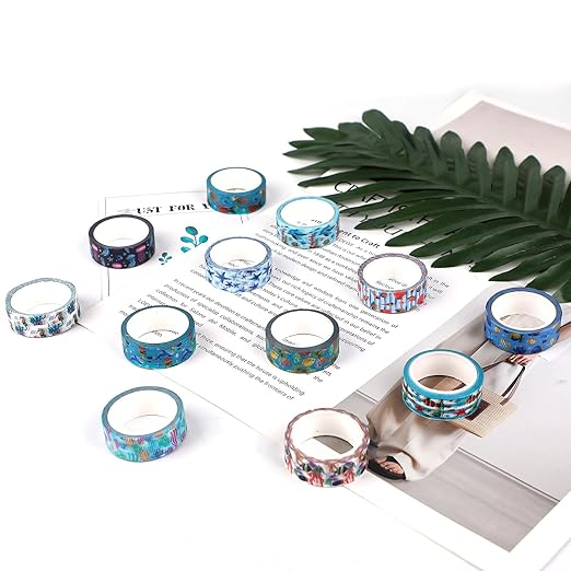 12 Rolls Blue Ocean Washi Tape, Underwater World Masking Tapes, Sea Animal Cartoon Decorative Tape for Arts, DIY Crafts, Journals Planners Scrapbook Gift Wrapping 16.4FT