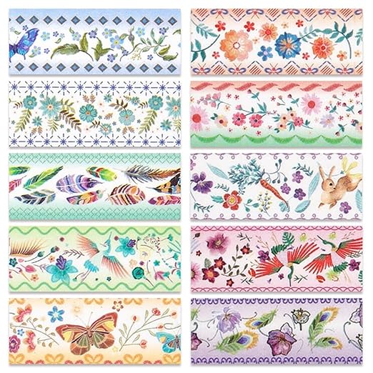 Washi Tape Set 10 Rolls, Embroidery Patterns Decorative Paper Sticker for Planner Scrapbook Journal DIY Arts Craft