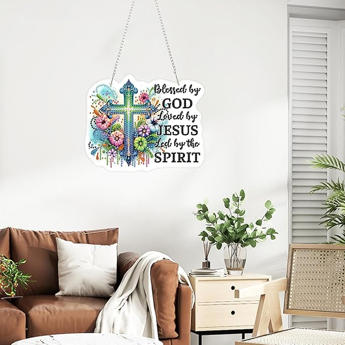 ZeeLionArt Hanging Diamonds Art kit for Adult,Flower Cross Pendant Diamonds Painting Art Kit,7.8x6.3inch Acrylic Diamonds Painting Board Kit Ornament, Special Crystal Diamond Hanging Ornament