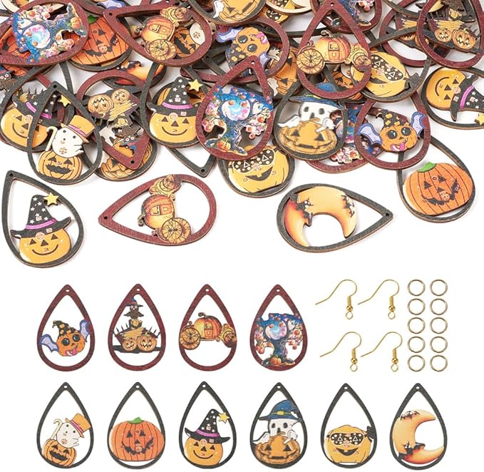 40pcs Halloween Teardrop Wooden Earring Charms Big Hollow Wood Cutouts with Pumpkin & Ghost & Bat & Spider Printed for Necklace Keychain DIY Jewelry Craft Making