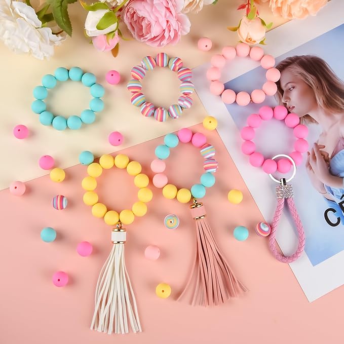 ASTARON 100 Pcs 15mm Silicone Beads for Keychain Making, Rainbow Round Beads Bulk for Bracelets Crafts Beadable Pens Decorations Jewelry Making Supplies