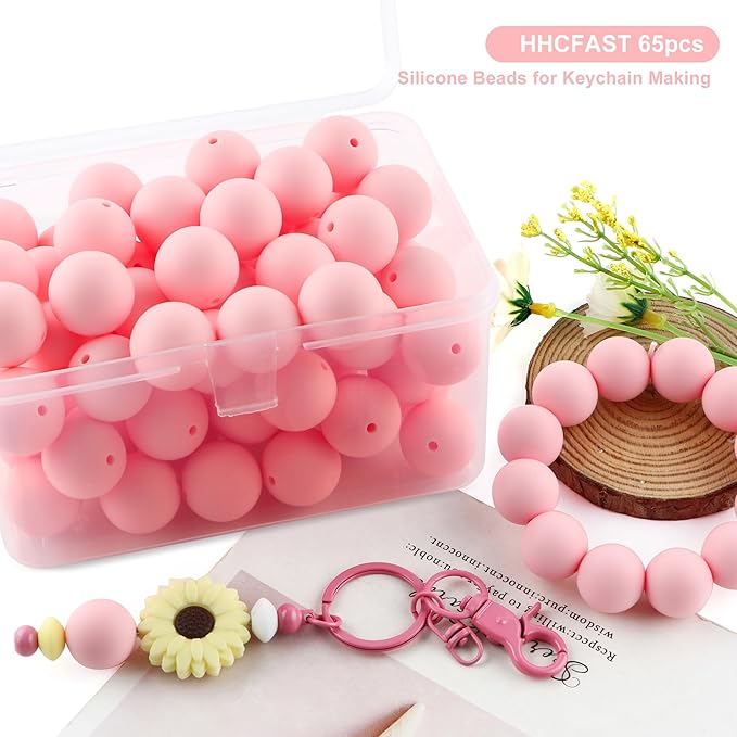65Pcs 19mm Silicone Beads for Keychain Making Bracelet Necklace, Bulk Round Silicone Beads for Pens(Candy Pink)