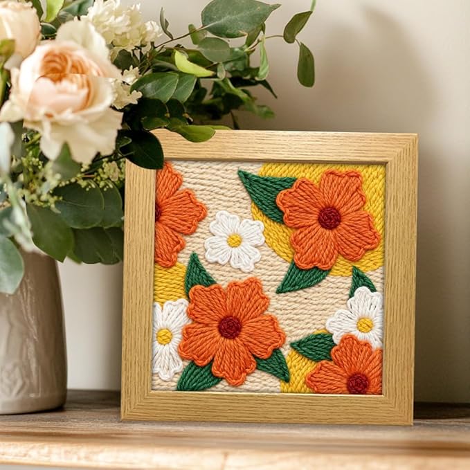 INFUNLY Punch Needle Frame Kits Red Flowers Punch Needle Embroidery Set with Patterns 9.4x9.4 Punch Needlework Starter Kit for Beginners with Yarn Fabric Festival Gift Home Decor