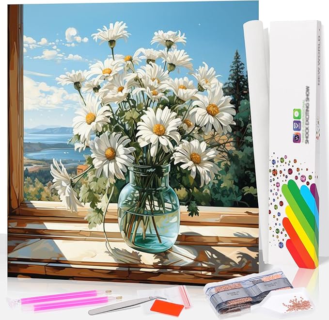 Fountor Daisy Diamond Art Kits for Adults, Flower Diamond Painting Kits for Adults Beginners, DIY 5D Round Gem Art with Gift Box for Home Wall Decor 14x14 Inch