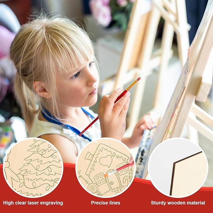 COCHIE 10 Pieces Large Christmas Unfinished Wood Crafts to Paint for Adults, Bulk Winter Predrilled Wooden Ornaments for Painting, Peppermint Candy House Paintable Wood Slices Craft Supplies