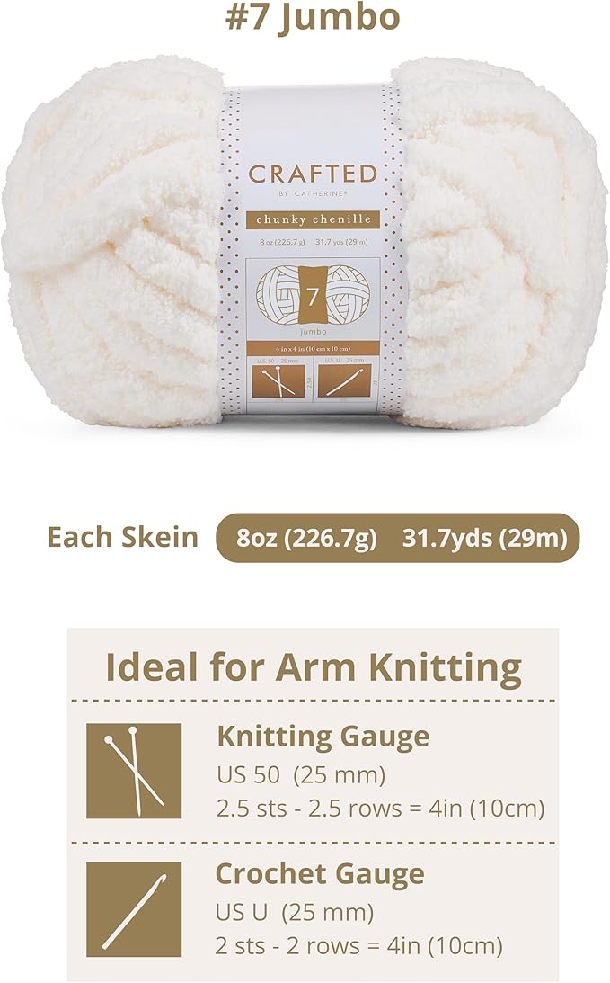 Crafted By Catherine Chunky Chenille Yarn - 2 Pack (8 oz / 227 g, 31.7 Yards Each Skein), Ivory, Gauge 7 Jumbo