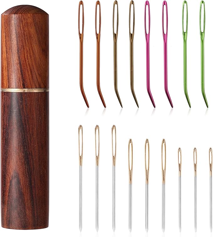 17pcs Large Eye Sewing Needles Kit with Wooden Case, Large Eye Blunt & Bent Tapestry Steel Yarn Needles Darning Needlepoint Supplies Embroidery Tools for Hand Knitting & Crochet Projects