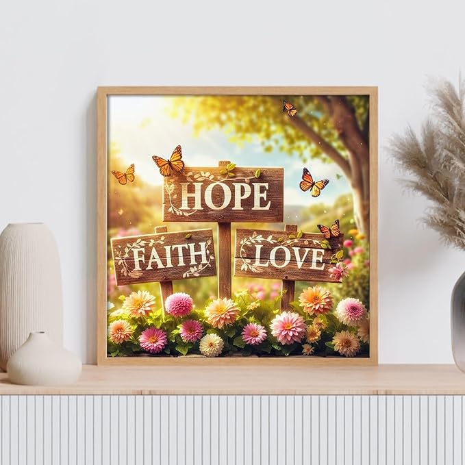 GEEHEIY Faith Hope Love Diamond Art Kits for Adults, 5D Diamond Painting Kits for Beginner, DIY Full Drill Round Gem Art for Home Wall Decor 14 x14 Inch