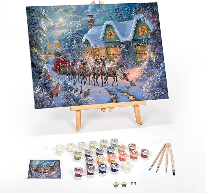 Ledgebay DIY Paint by Numbers Kit for Adults Framed Canvas: Beginner to Advanced Paint by Numbers Kit, Kits Include Acrylic Paint Set Brushes & Tabletop Easel (Christmas Magic 12" x 16" Framed)