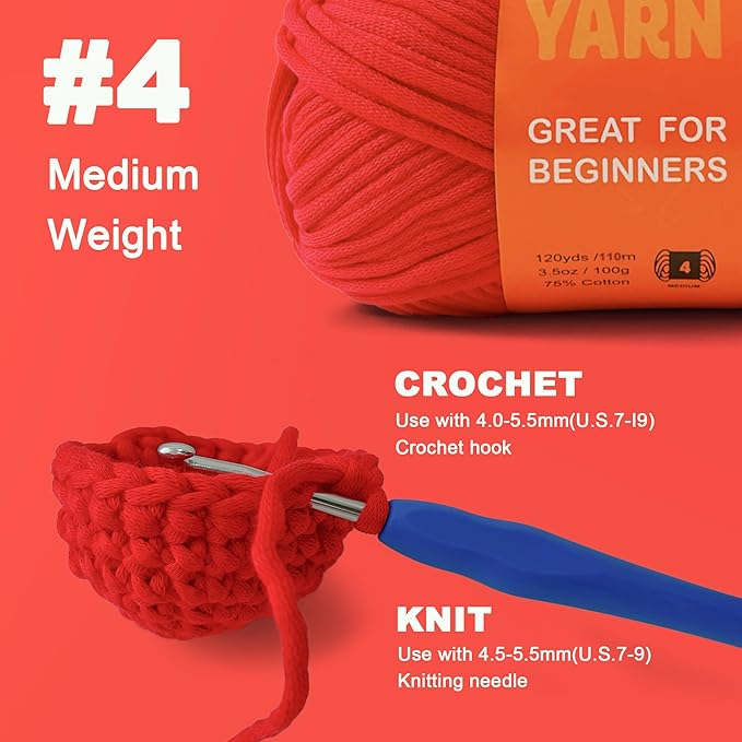 3.5Oz/120yds Red Beginner Easy Yarn for Crocheting and Knitting;Worsted-Weight Medium #4;Cotton Blend Yarn for Beginners Amigurumi DIY(Red, 1 Skein)