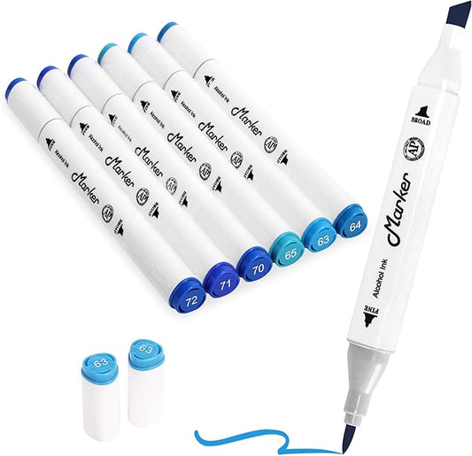 Blue Alcohol Markers, 6 Pack Dual Tips Soft Tip and Broad Tip Permanent Art Marker for Artists Adults Coloring Drawing Illustration Sketching Painting (Blue)