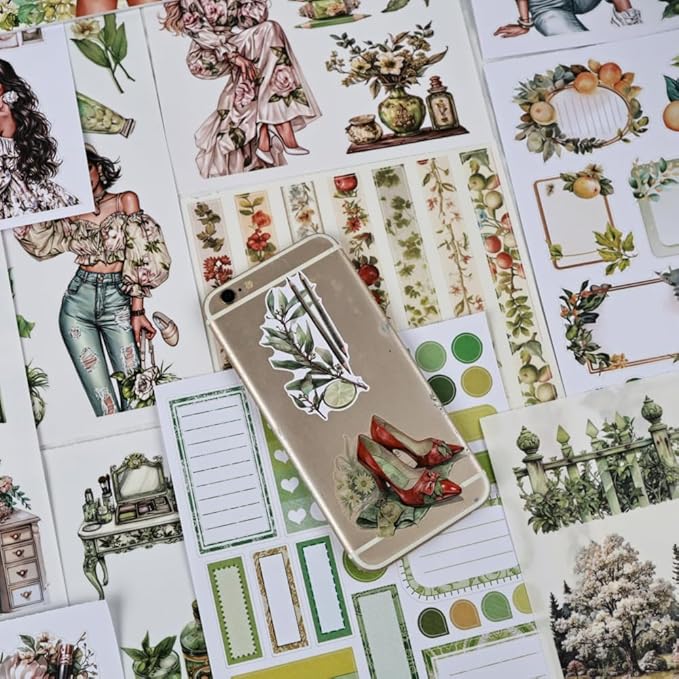 Fresh Green Scrapbook Sticker Book for Scrapbooking, A5 Size, Assorted PET Washi Paper Materials, 20 Sheets Diecut Journaling Stickers for Adults, Junk Journal Supplies, Collage, Crafts Arts