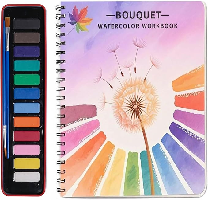 Watercolor Workbooks, Beginner Watercolor Painting Kit – 12 Colors Paint Set with Brush – Perfect for Gifting to Spark Creativity & Joy for Teens & Adults（Bouquet）