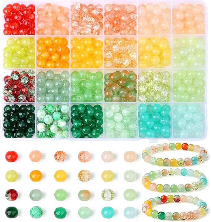 DUQGUHO 8mm Red Yellow and Green Beads for Bracelets Glass Beads for Jewelry Making 24 Colors Round Beads Bulk 520PCS