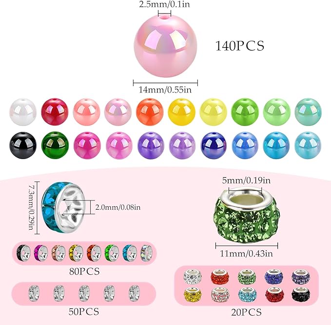 Funtopia 290pcs Beads for Pens, 14mm Focal Beads Pen Making Kit for Keychains Beadable Pens, Rainbow Chunky Bubblegum Acrylic Beads with Rhinestone Rondelle Spacer Bead for DIY Craft Supplies