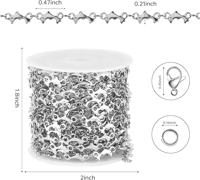 Kyutong 13 Feet Stainless Steel Chains for Jewelry Making Lovely Dolphins Link Chain Roll with Lobster Clasps and Jump Rings for Jewelry Crafts DIY