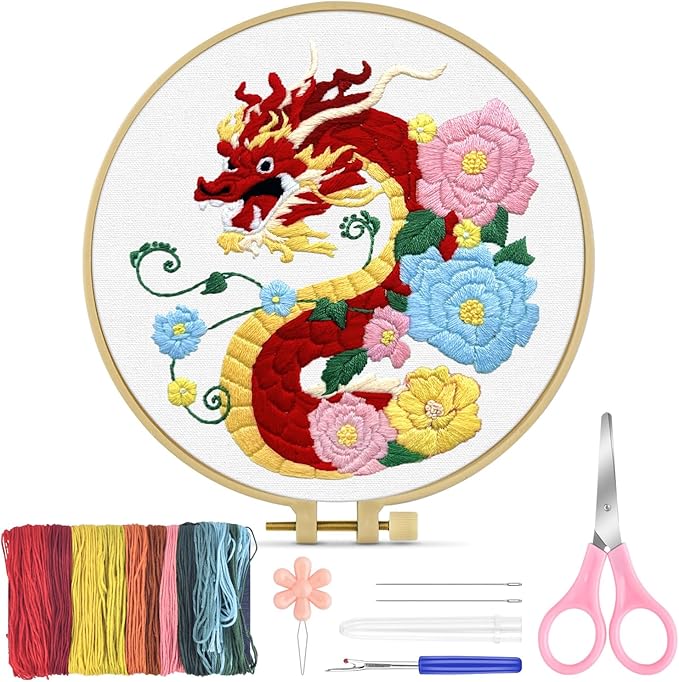 TINDTOP Embroidery Kit for Beginners Adult, Dragon Embroidery Kit for Beginners Include Embroidery Cloth Hoops Threads for Craft Lover Hand Stitch with Embroidery Skill Techniques