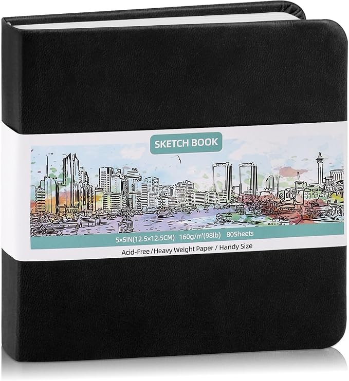 Hardcover Pocket Sketchbook, 5" x 5" Square Mini Sketchbook, 98lb/160gsm Heavyweight Tiny Sketch Book, 80 Sheets Small Travel Drawing Journal for Adults, Artist, Ideal for Gift (Black)