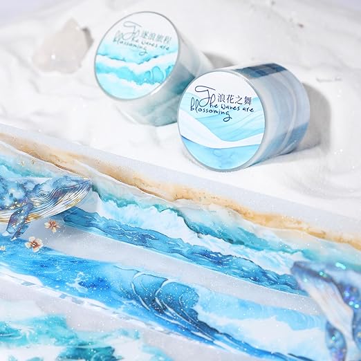 Kesari 6 Rolls PET Washi Tape Stickers for Journaling Supplies, Sea Wave Themed Scrapbook Stickers for Journaling,Scrapbooking,Junk Journal Supplies,DIY Crafts,Planner (Wave)