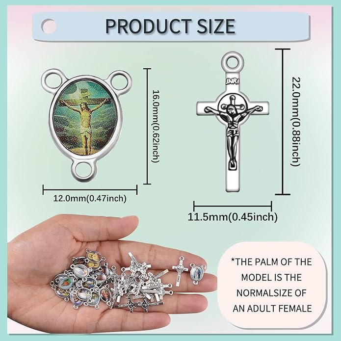60Pcs/30Sets Rosary Making Kits Supplies Alloy Religion Cross and Center Medal Charms Pendant Oval Chandelier Links for Diy Prayer Necklace Jewelry