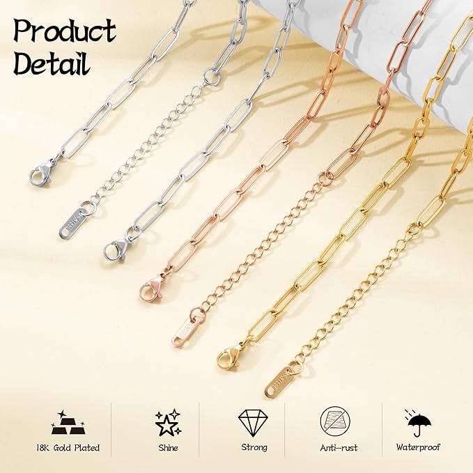 10 PCS Charm Bracelet Chain, 18K Gold Charm Bracelet Kit, 6.3Inch Paperclip Chain Bracelets, Chain Bracelet for Jewelry Making, Adjustable Jewelry Charm for Crafting and Gifting