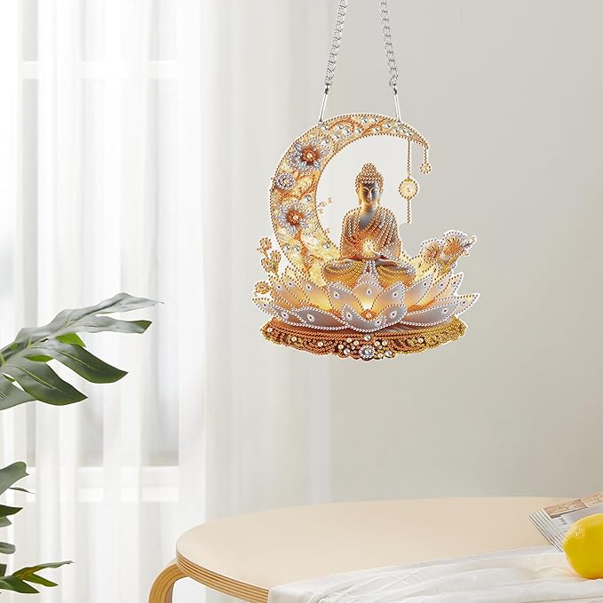 JZHYOAN DIY Hanging Diamond Craft Pendants Buddha Diamond Painting Art Hanging Kit Wind Chimes with Diamonds Art Window Pendants Craft for Adult Acrylic Pendant Ornaments Kits Crystal Arts Pendant