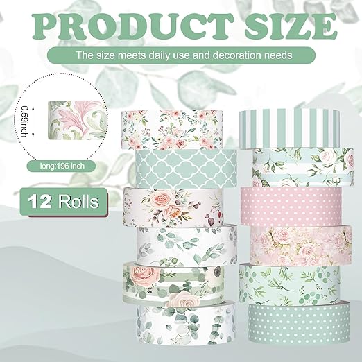 12 Rolls Watercolor Floral Washi Tape Set 15 mm Vintage Flower Decorative Masking Tape for Spring Arts DIY Craft Scrapbook Journal Supplies Gift Wrapping(Pink and Green,Spring)