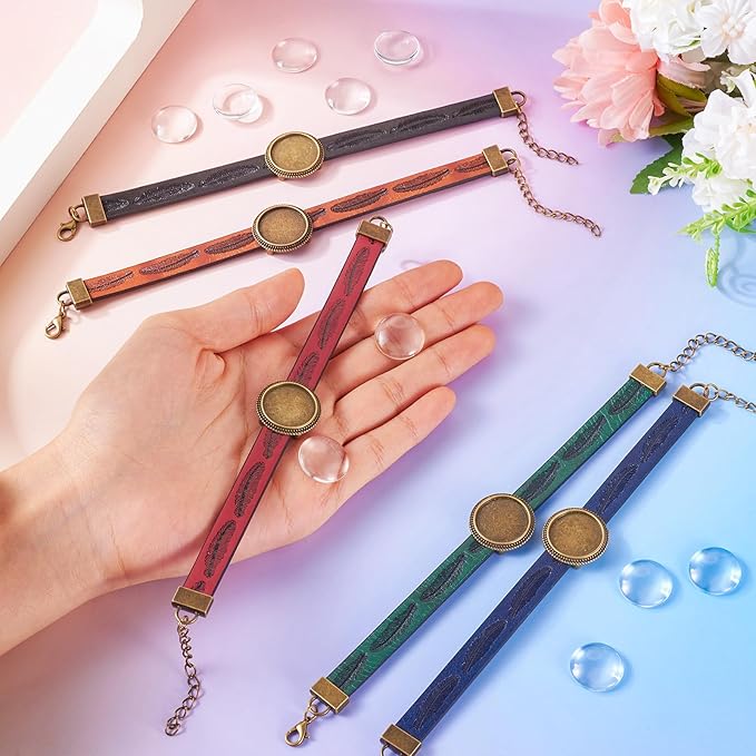 FASHEWELRY 5Pcs Adjustable Round Tray Bracelet Kits PU Leather Cord Bracelet Blanks Bezel Tray Settings with Round Glass Cabochons for Jewelry Making (Antique Bronze)